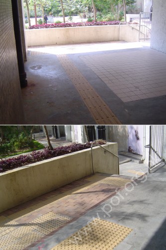 連接穿過住宅與東安樓之間屋邨汽車路旁行人路的住宅正門前走廊通道